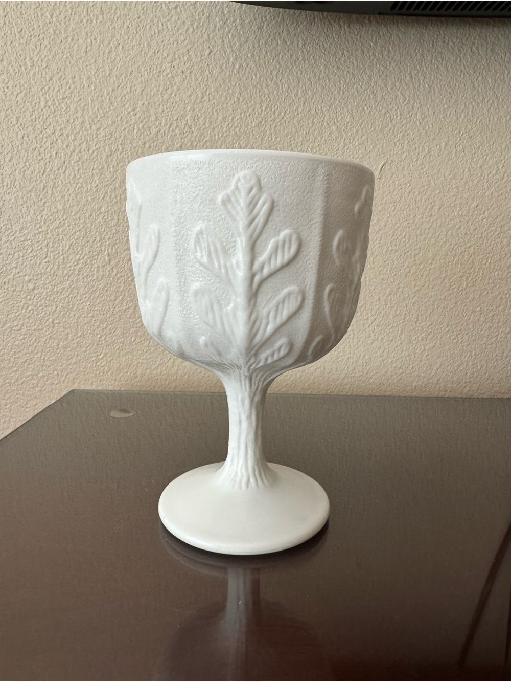 Vintage  1975 FTD white milk glass oak leaf pedestal compote and goblet